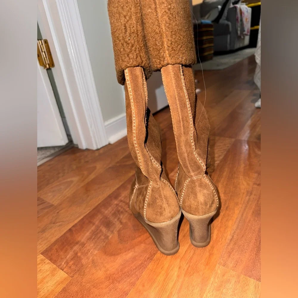 Kenneth Cole Y2K Brown leather suede knee Hugh fur Wedge Boots size 7.5